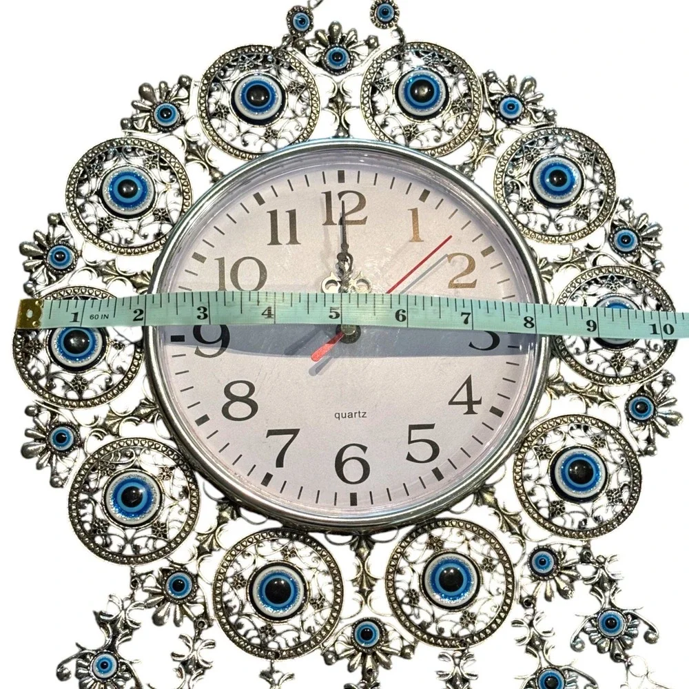 Evil Eye Wall Clock Silver Tone Filigree Nazar Beads Quartz Boho Decor 17.5in